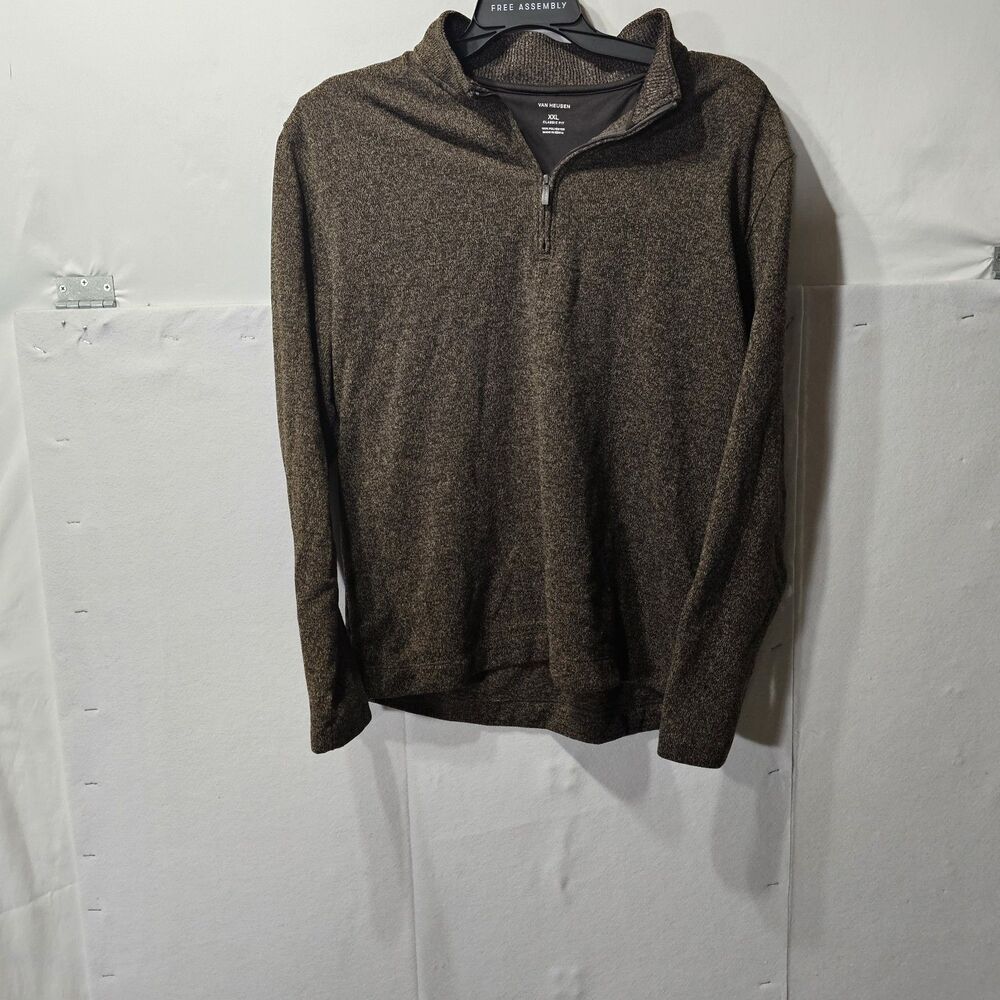 Van Heusen Flex Sweater Mens XXL Brown Tan 1/4 Zip Pullover Knit Polyester Warm